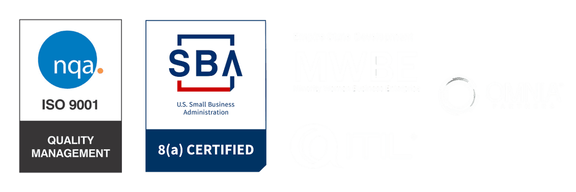 Certification and partnership logos: NQA ISO 9001, SBA 8(a) Certified, Empire State Development MWBE, ITIL, and OMNIA Partners