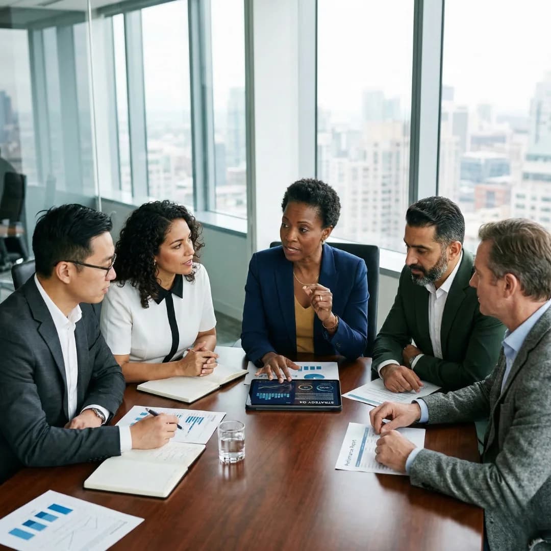 Executive leadership team collaborating in a modern boardroom overlooking the city skyline