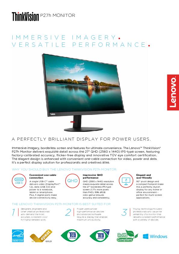 ThinkVision P27h Monitor – Immersive imagery. Versatile performance 