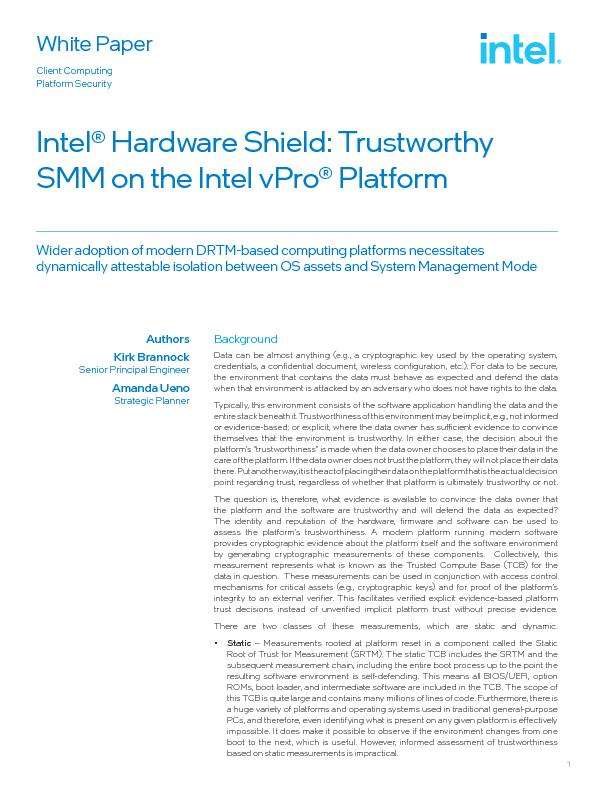 Intel® Hardware Shield: Trustworthy SMM on the Intel vPro® Platform