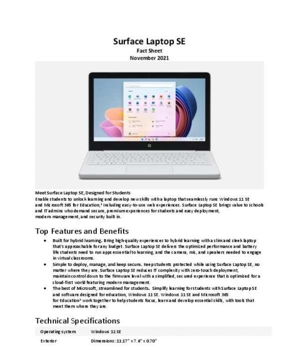 Surface Laptop SE Fact Sheet