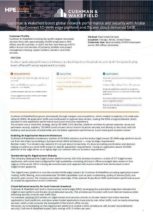 Cushman & Wakefield boost global network performance and security with Aruba EdgeConnect SD-WAN edge platform and Zscaler cloud-delivered SASE