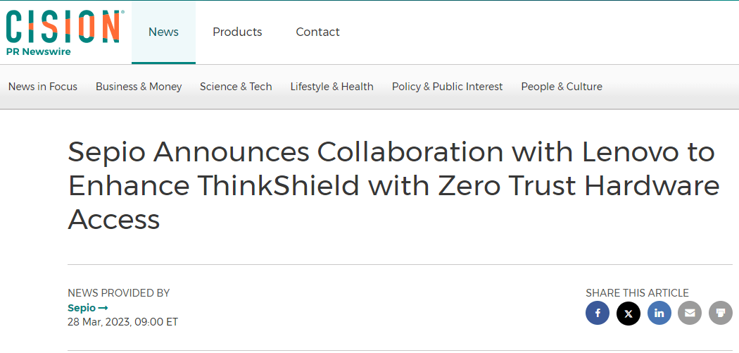 Sepio Announces Collaboration with Lenovo to Enhance ThinkShield with Zero Trust Hardware Access