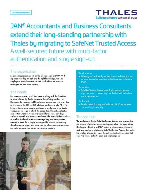 You are currently viewing JANã Accountants and Business Consultants Extend Their Long-Standing Partnership With Thales by Migrating to SafeNet Trusted Access