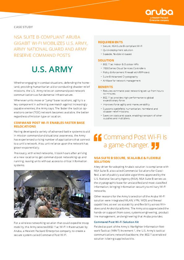 You are currently viewing NSA Suite B-Compliant Aruba Gigabit Wi-Fi Mobilizes U.S. Army, Army National Guard, and Army Reserve Command Posts