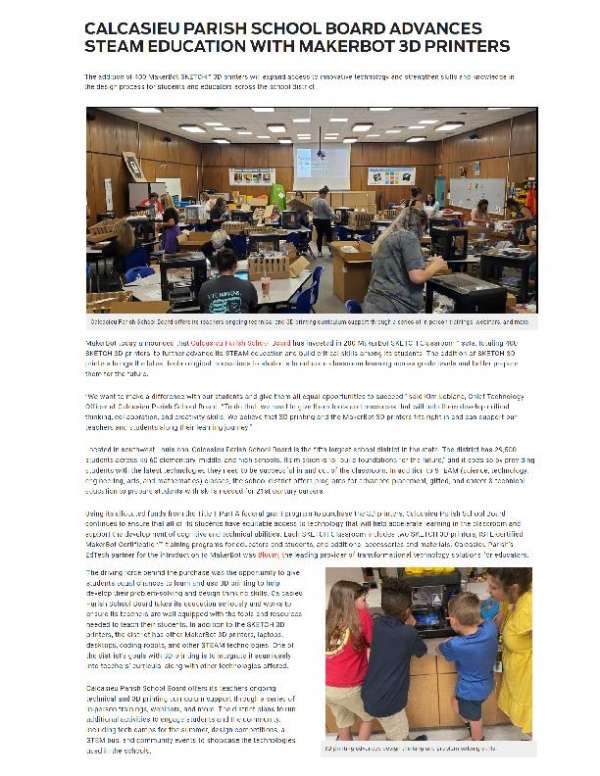 You are currently viewing Calcasieu Parish School Board Advances Steam Education with Makerbot 3D Printers